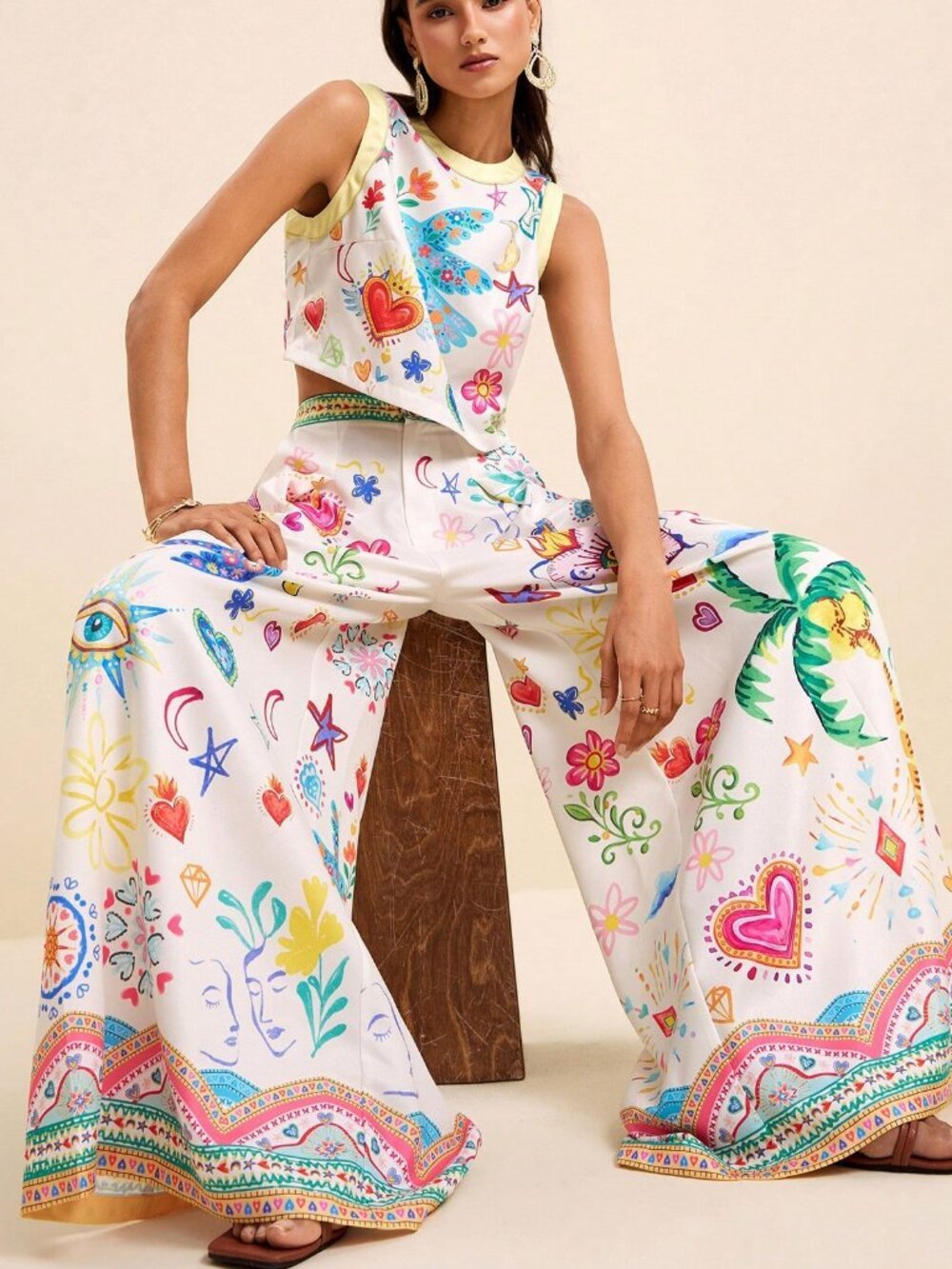Multicolor Boho Women's Tropical Print Sleeveless Crop Top & Wide Leg Pants Set - Picture 5 of 9